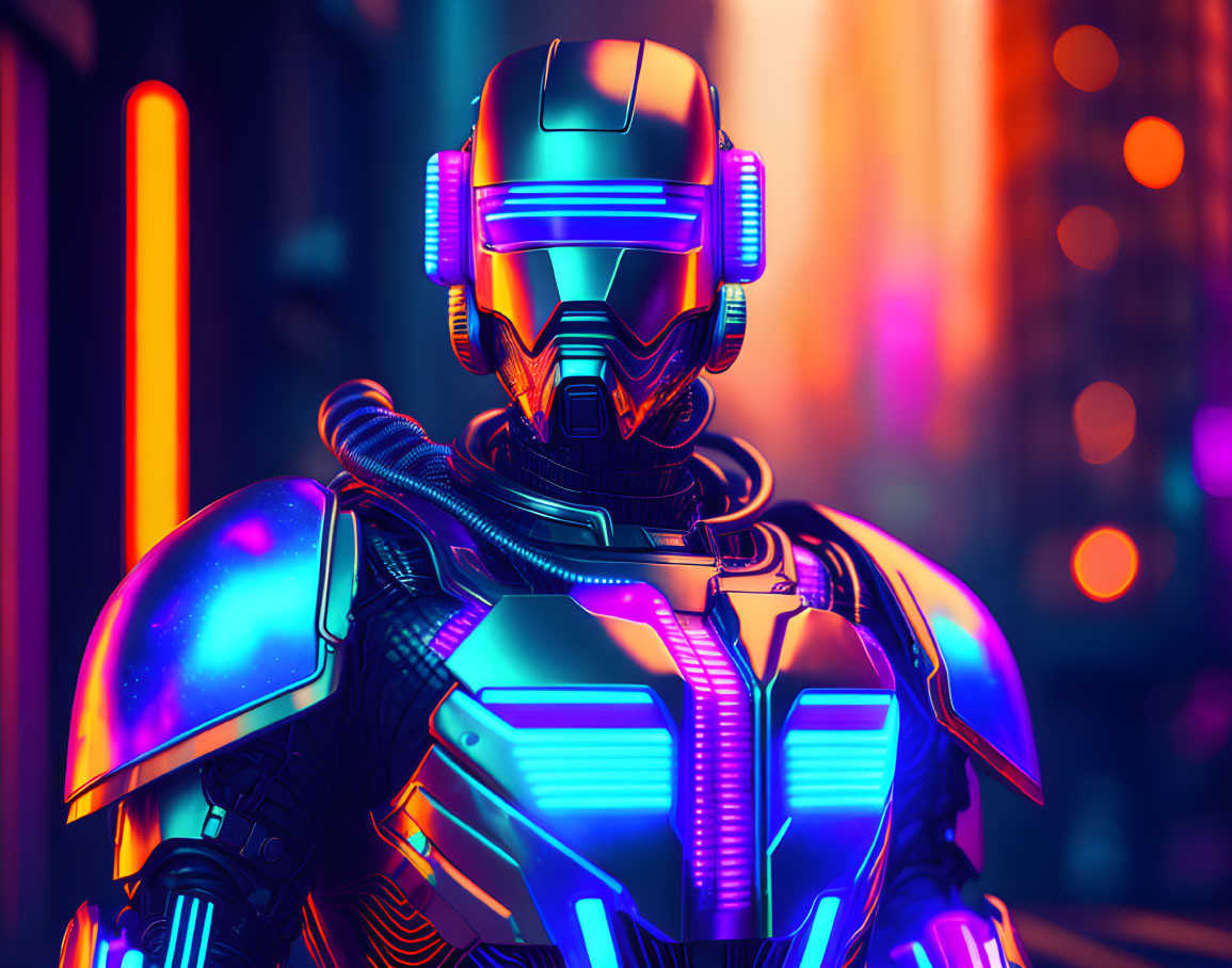 Futuristic robot in neon-lit urban setting