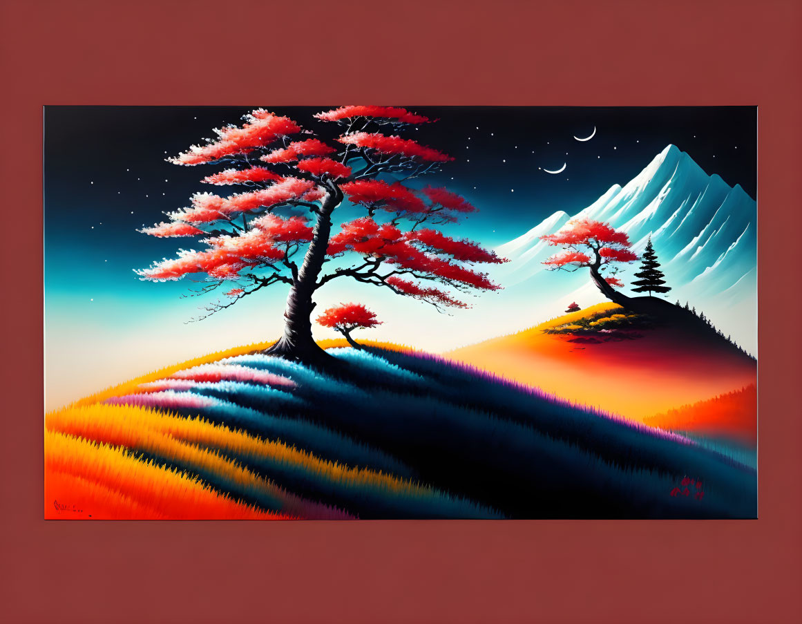 Colorful painting of cherry blossom tree on hill with mountains and crescent moon