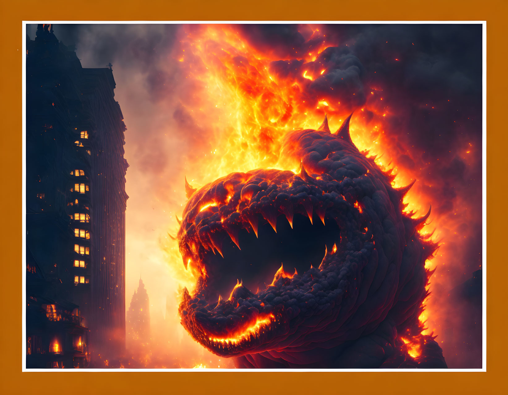 Fiery dragon emerges amidst city buildings