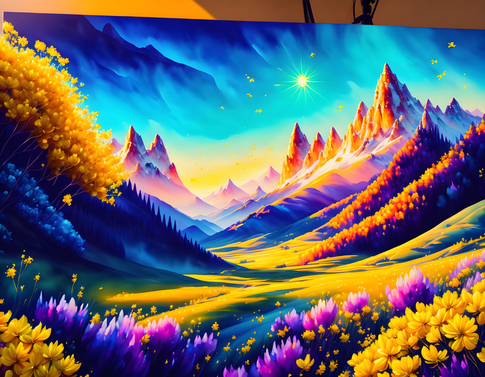 Colorful Digital Art: Sunlit Mountains, Yellow Fields, Sparkling Stars