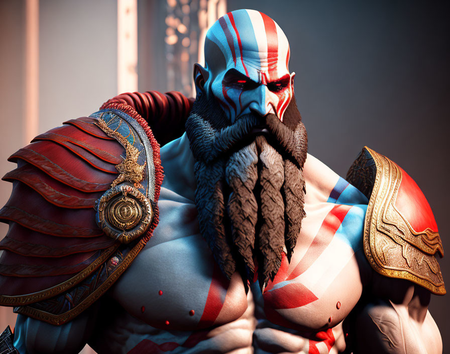 Detailed 3D Illustration of Kratos: Red Body Markings, Thick Beard, Shoulder Armor