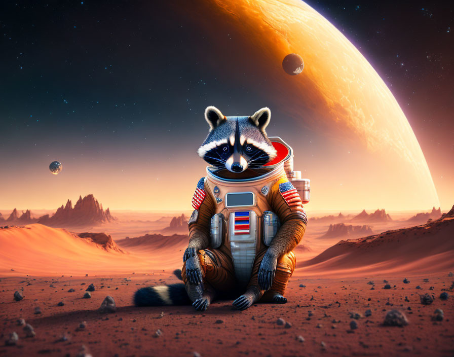 Raccoon in astronaut suit on alien planet with ringed planet and stars