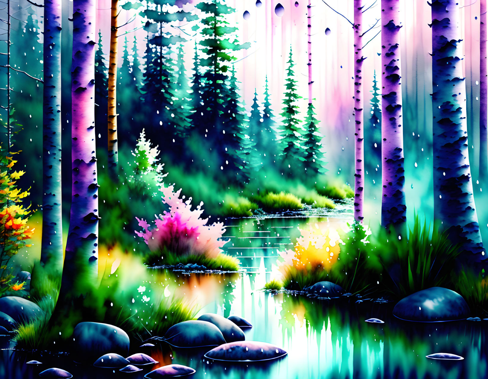 Serene forest illustration with tall trees and reflective water