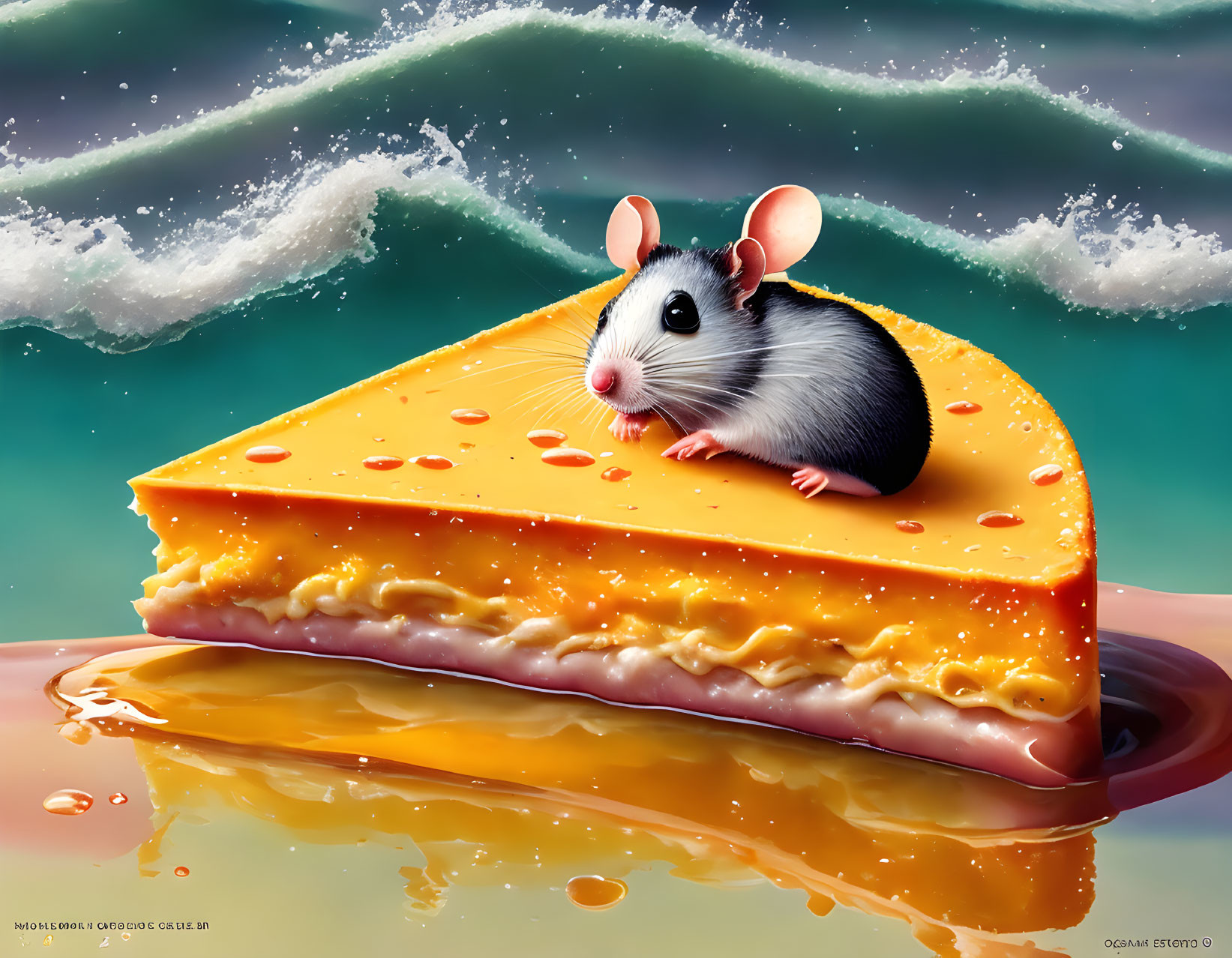 Illustrated mouse on cheese slice floating on glossy surface amid emerald waves