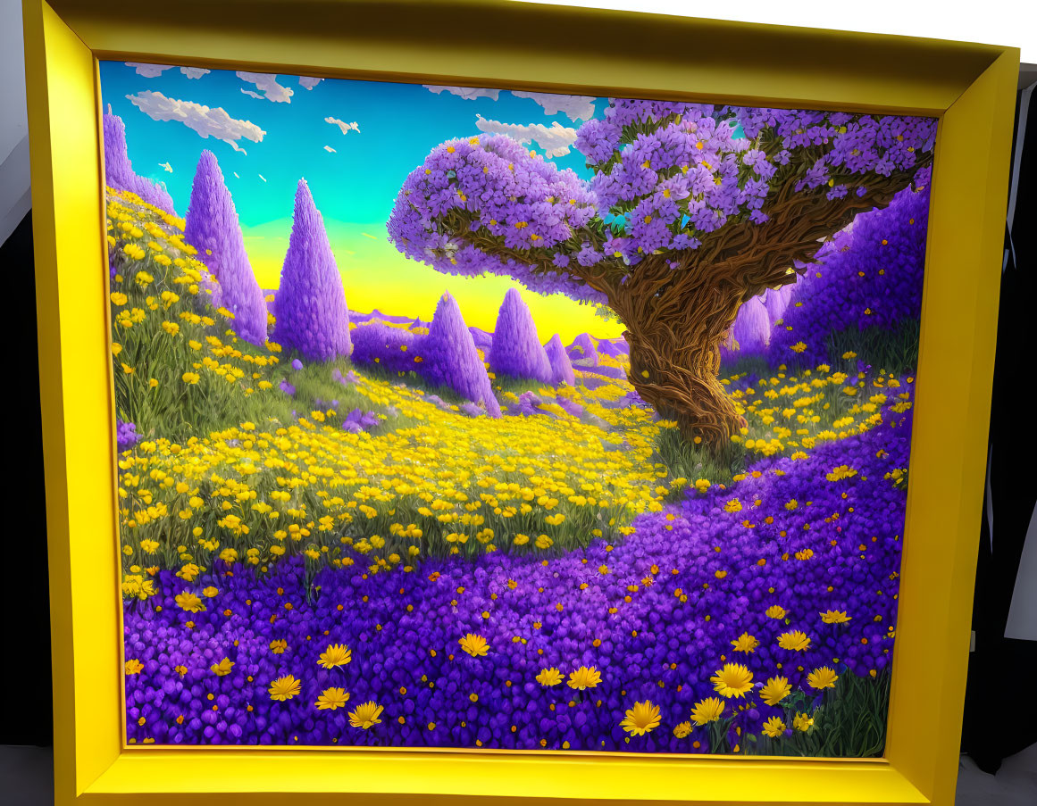 Colorful Flower Field Painting with Golden Border: Nature's Beauty Symbolized