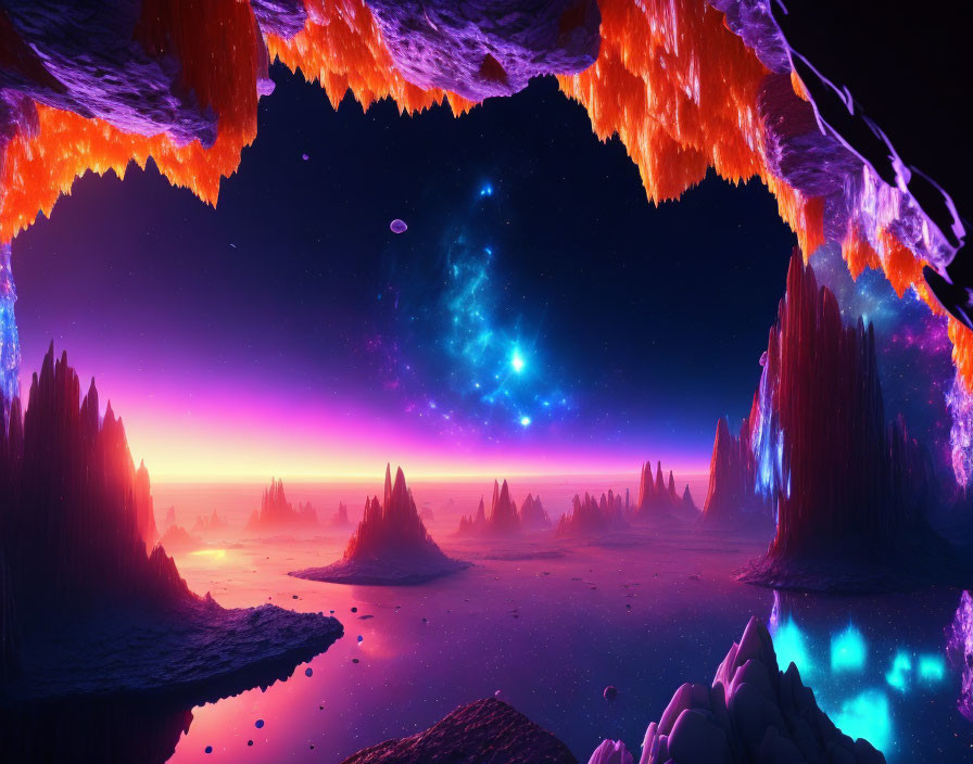 Luminescent stalactites and stalagmites in vibrant, otherworldly landscape