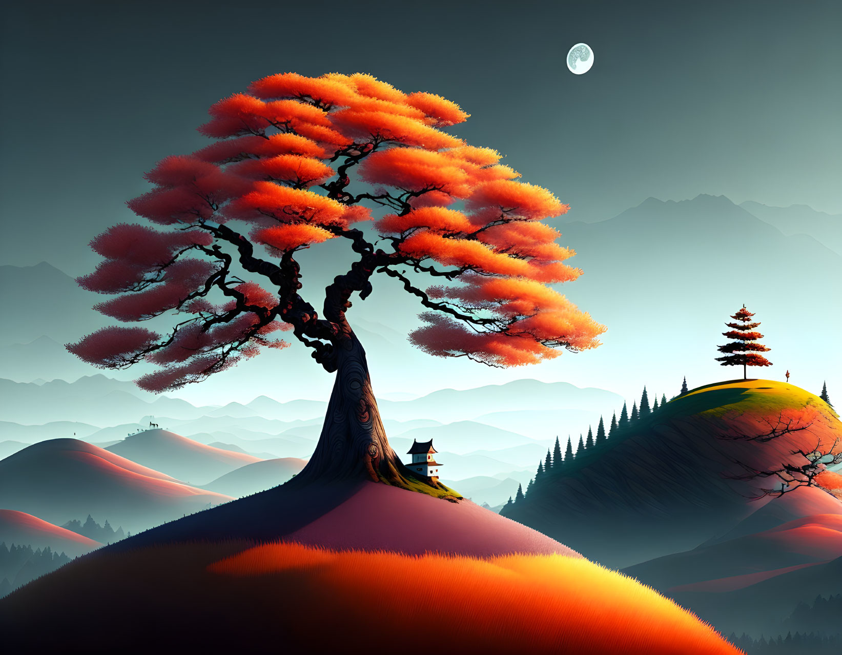 Vivid digital artwork of large red tree on hills with pagoda