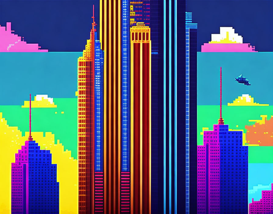 Colorful Retro-Futuristic Pixel Art Cityscape with Skyscrapers and Helicopter