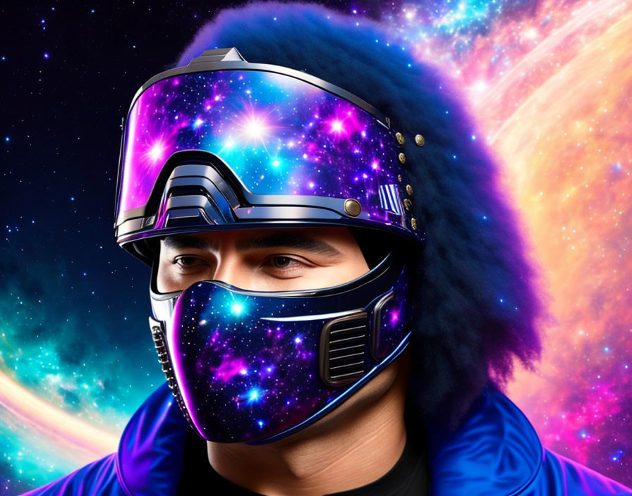 Futuristic helmet with galaxy pattern and cosmic backdrop