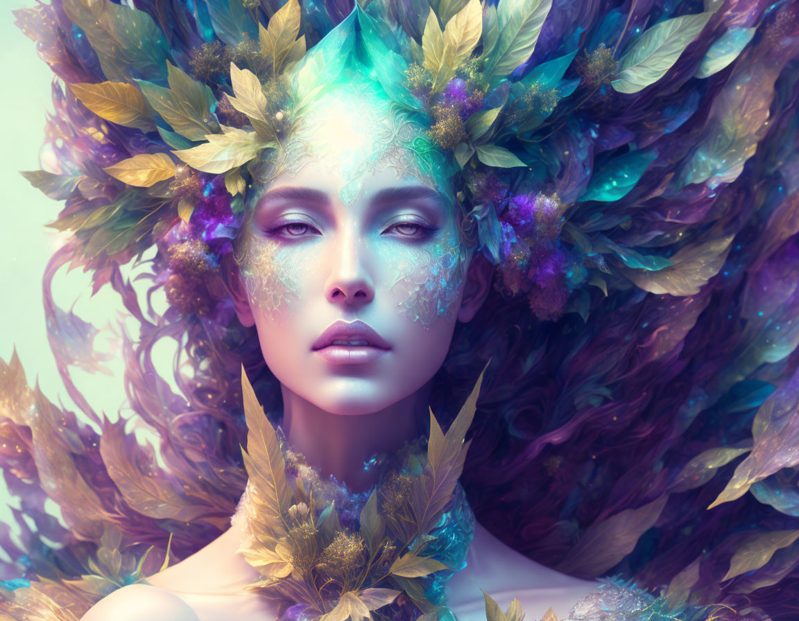 Colorful foliage and flowers crown ethereal female figure.