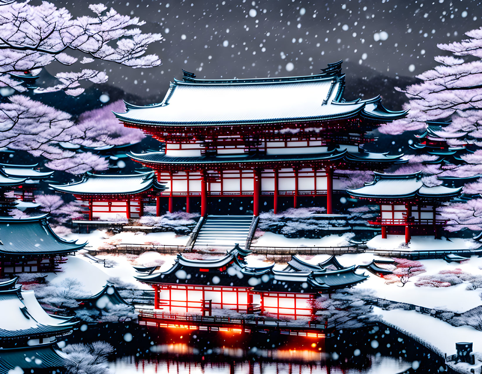 Japanese Temple in Snow with Cherry Blossoms Reflections