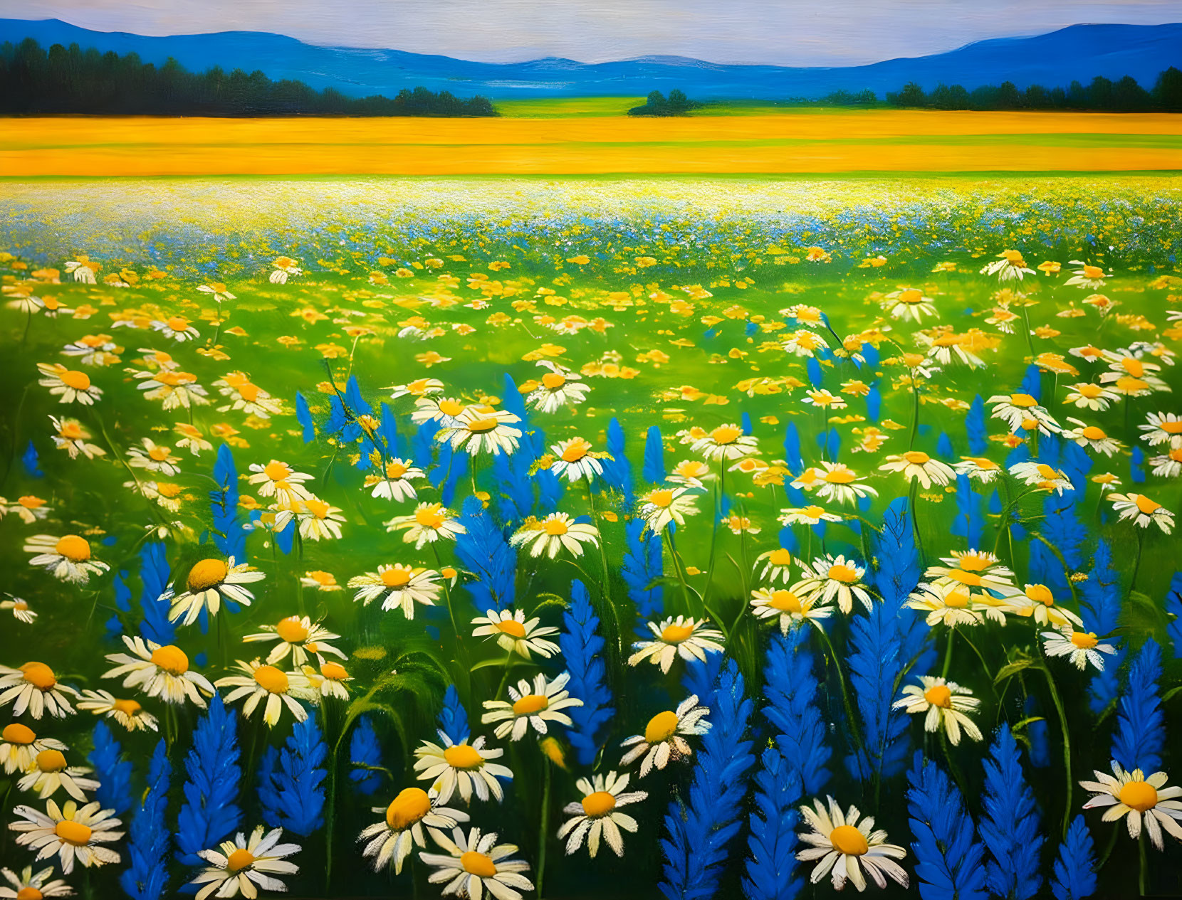 Colorful painting of blooming daisies in a vibrant field