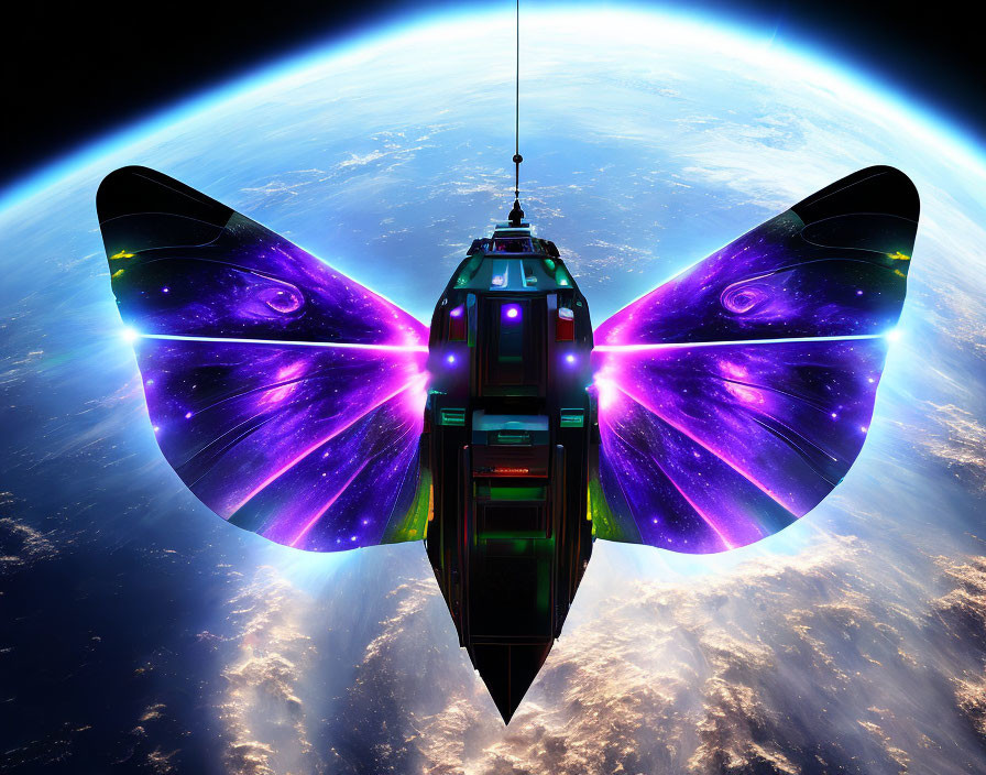 Luminous butterfly-winged spaceship emits pink glow above Earth