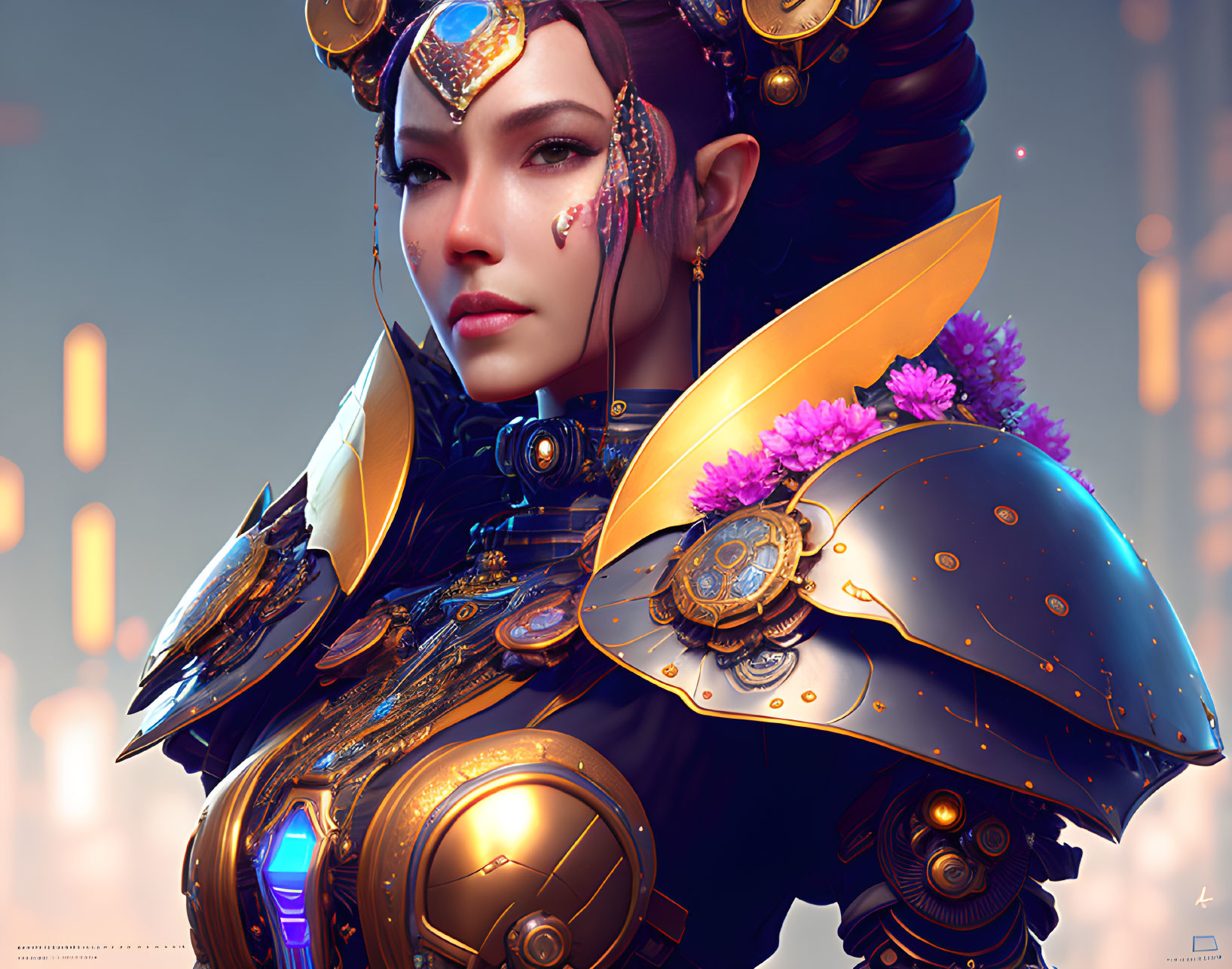 Woman in Gold and Blue Armor with Cityscape Background