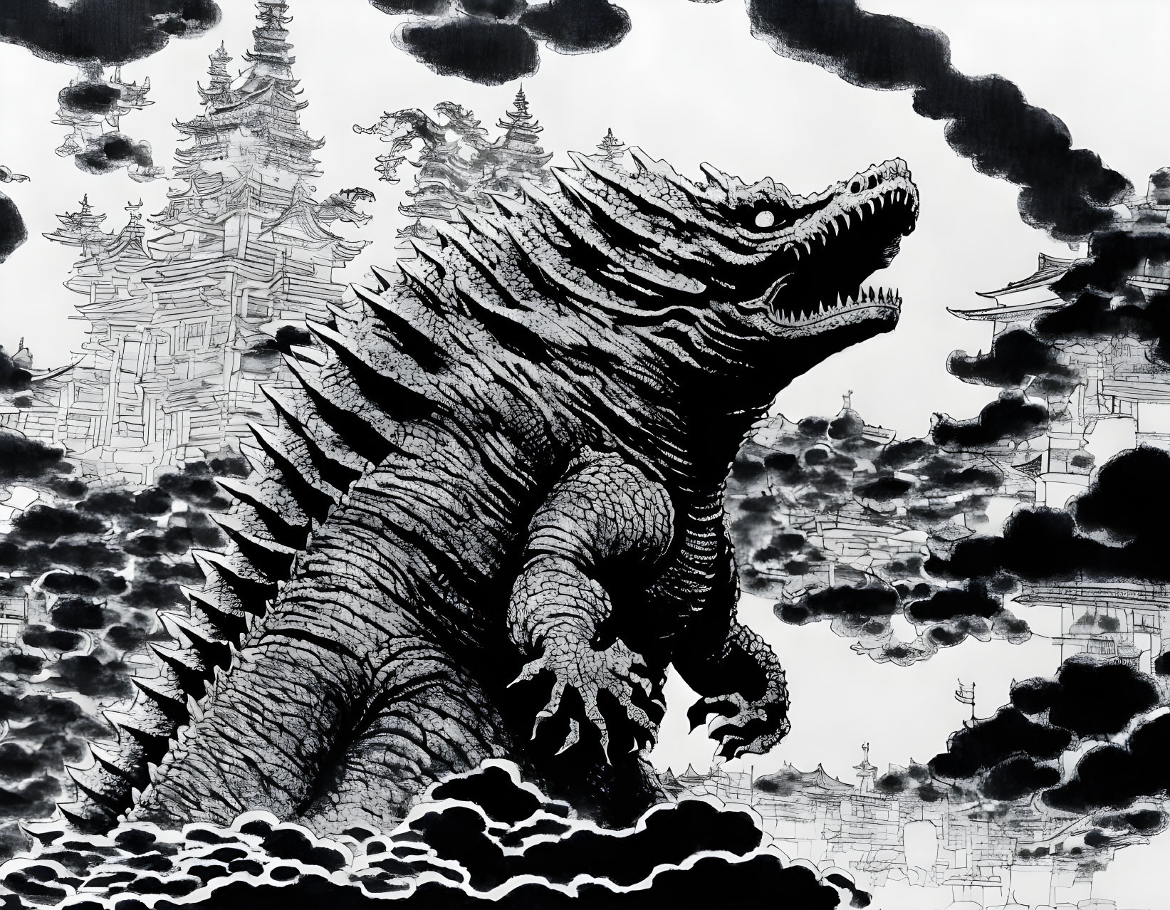 Monochromatic Godzilla illustration with Asian pagodas and black clouds