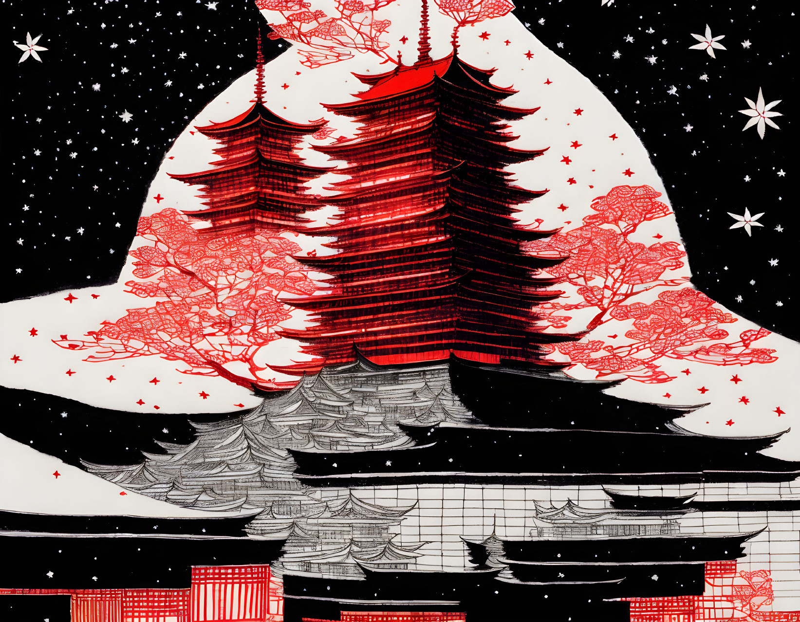 Stylized Asian mountain landscape with red, white, and black colors under starry sky