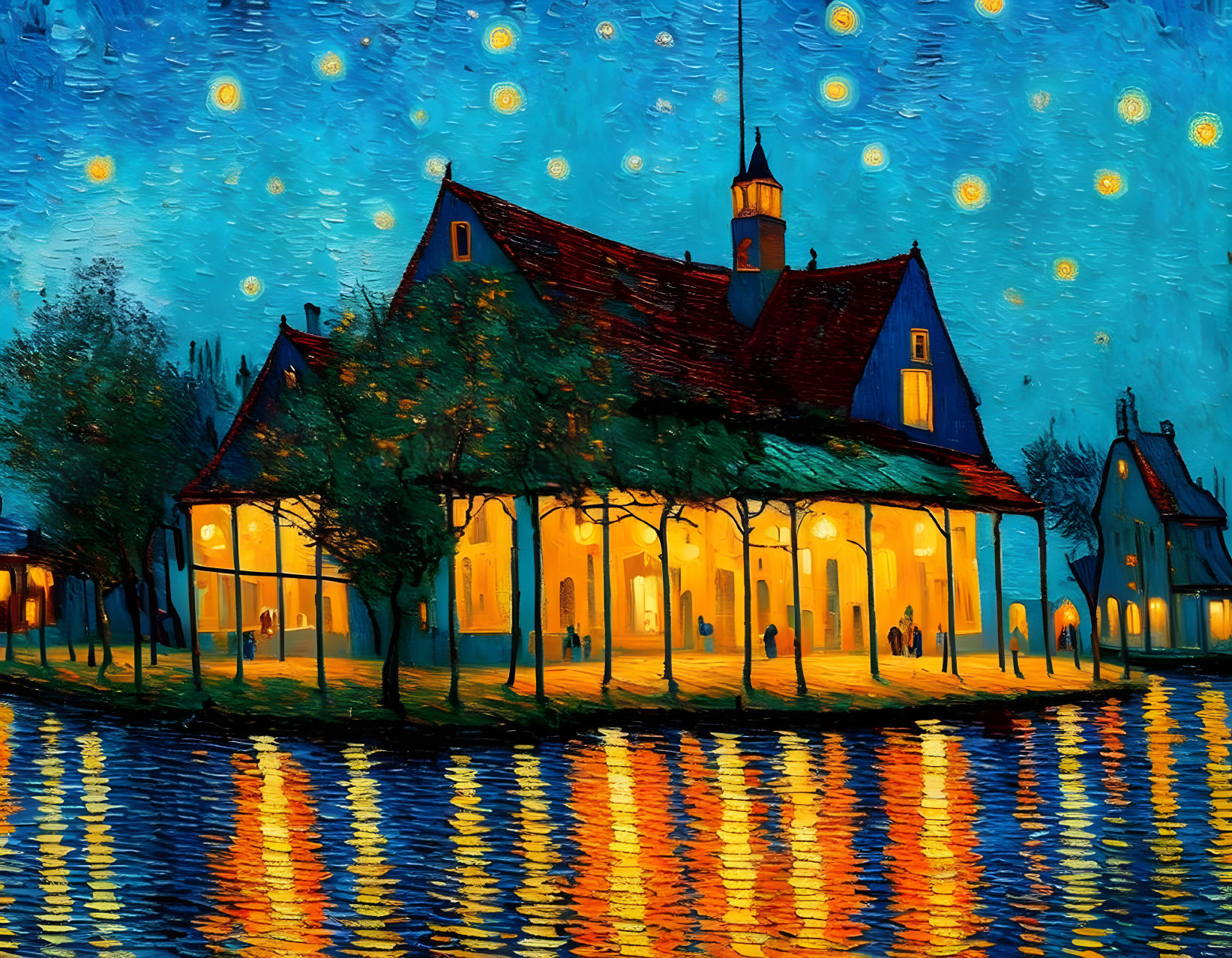 Impressionist style night scene with warmly lit building, starry sky, and water reflections