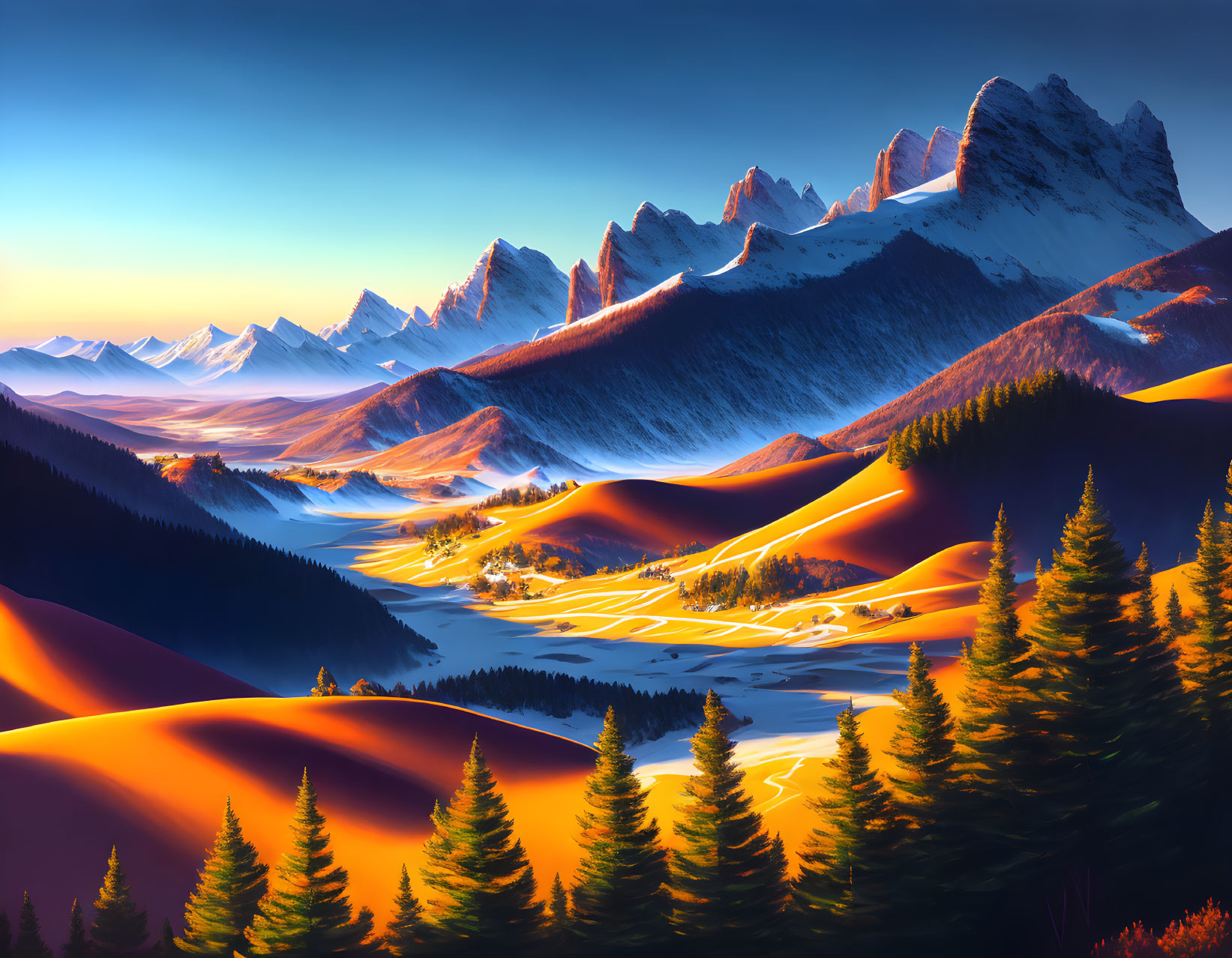 Snowy mountains, golden hills, evergreen trees, and river in sunset landscape