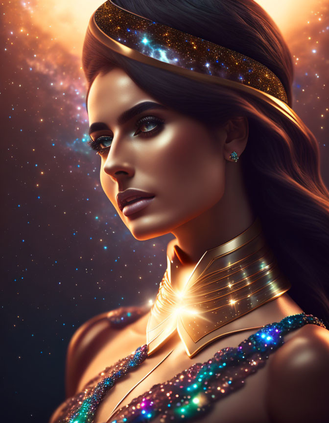 Digital portrait of woman with glowing skin, sparkling jewelry, cosmic background