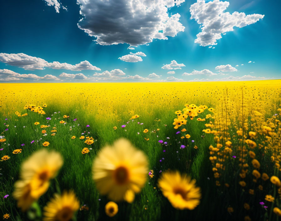 Vibrant yellow flowers in lush field under clear blue sky