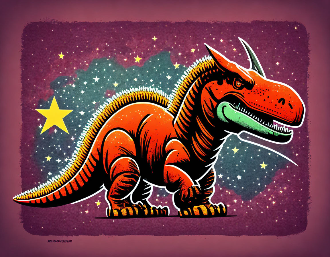 Red dinosaur illustration with glowing outline and stars on purple background