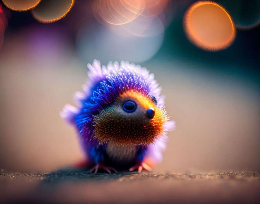 Colorful Toy Hedgehog with Blue Spines and Orange Face on Warm Bokeh Background