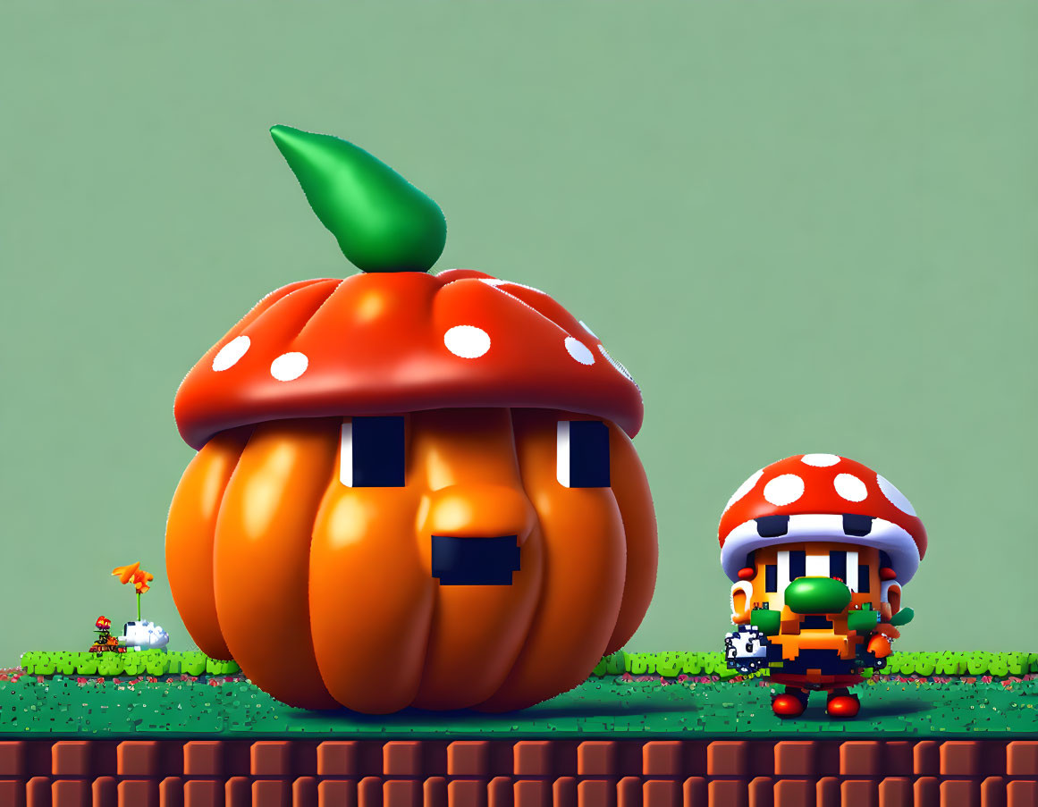 Stylized image of large pumpkin with Super Mario mushroom design and smaller character