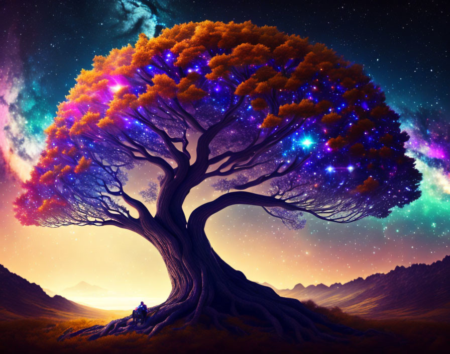 Colorful autumn tree under starry sky with seated person - Illustration