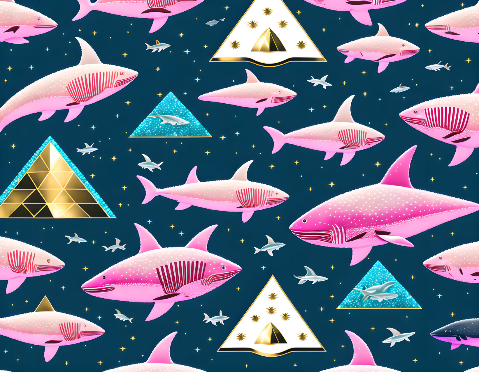 Whimsical pink sharks and pyramids on dark blue background