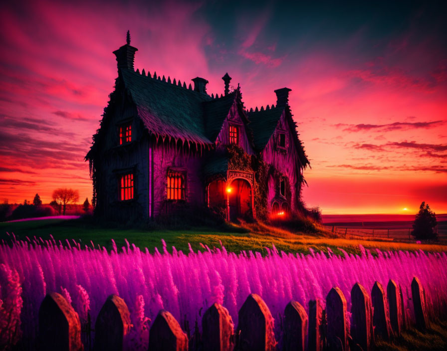 Twilight scene of quaint cottage with glowing windows