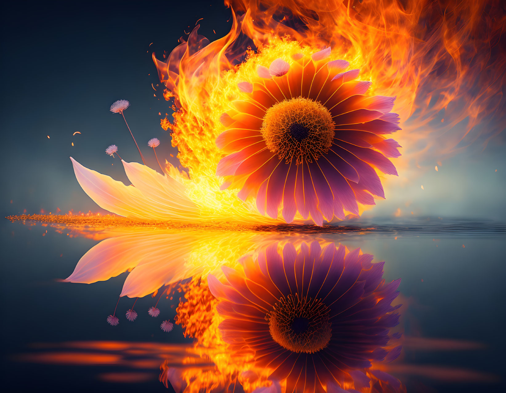 Digital artwork: Orange flower in flames with scattering petals