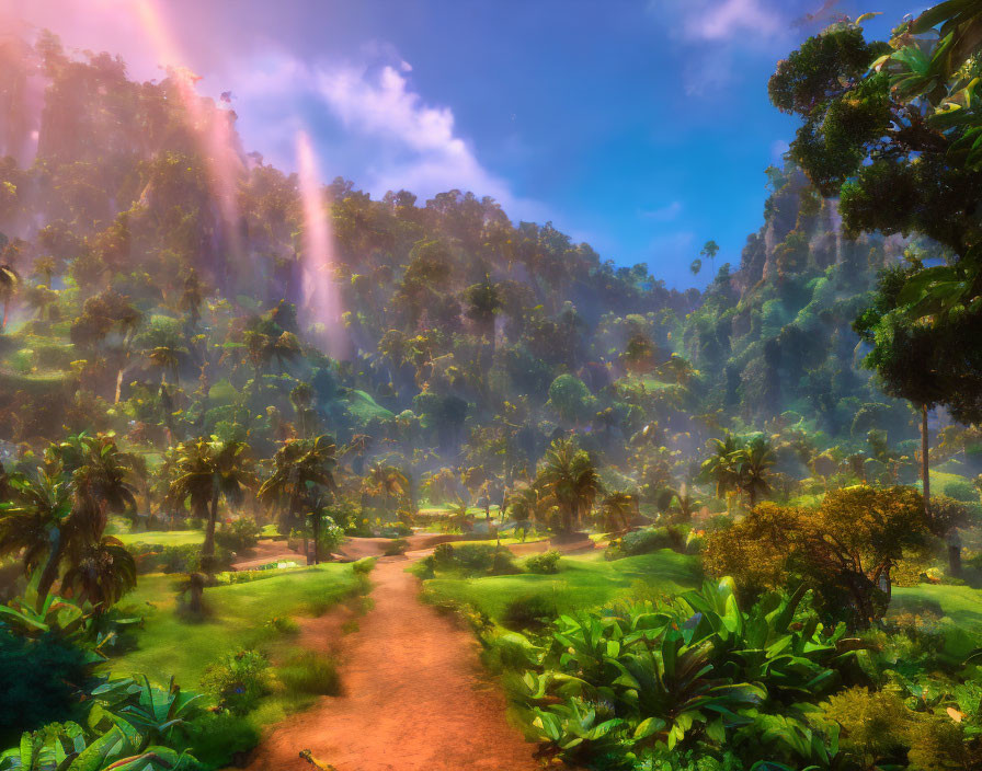 Lush Tropical Forest with Sunlight Beams and Misty Air