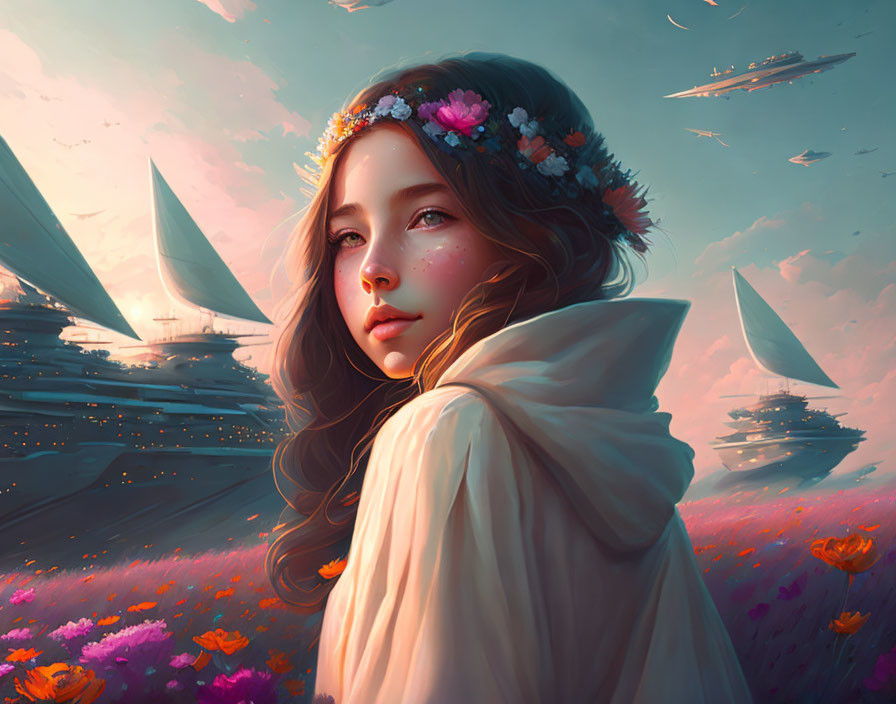 Girl with floral crown in dreamy landscape with floating ships and vibrant flowers under sunset sky