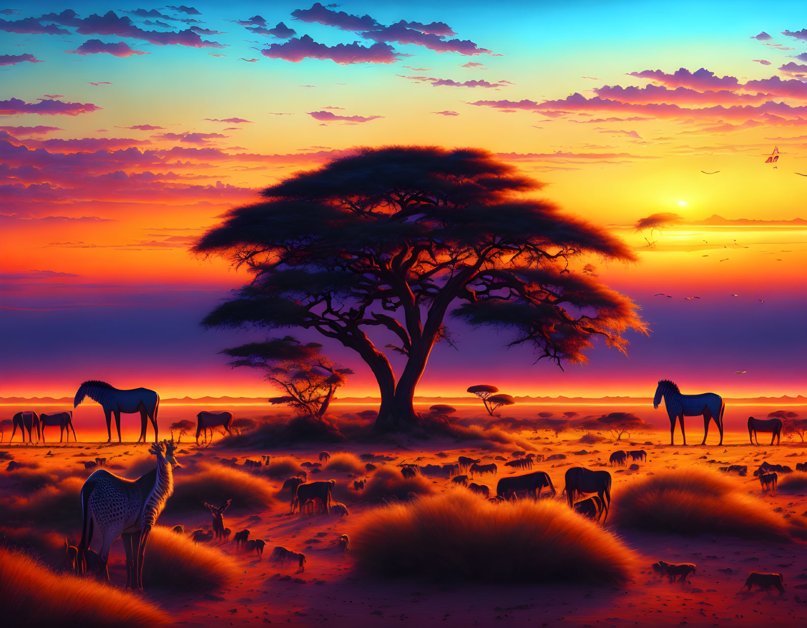 African savannah sunset with giraffes, elephants, and acacia tree