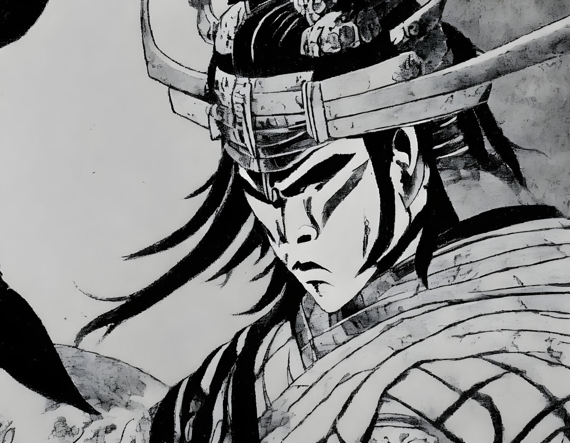 Monochrome illustration of determined warrior in traditional armor