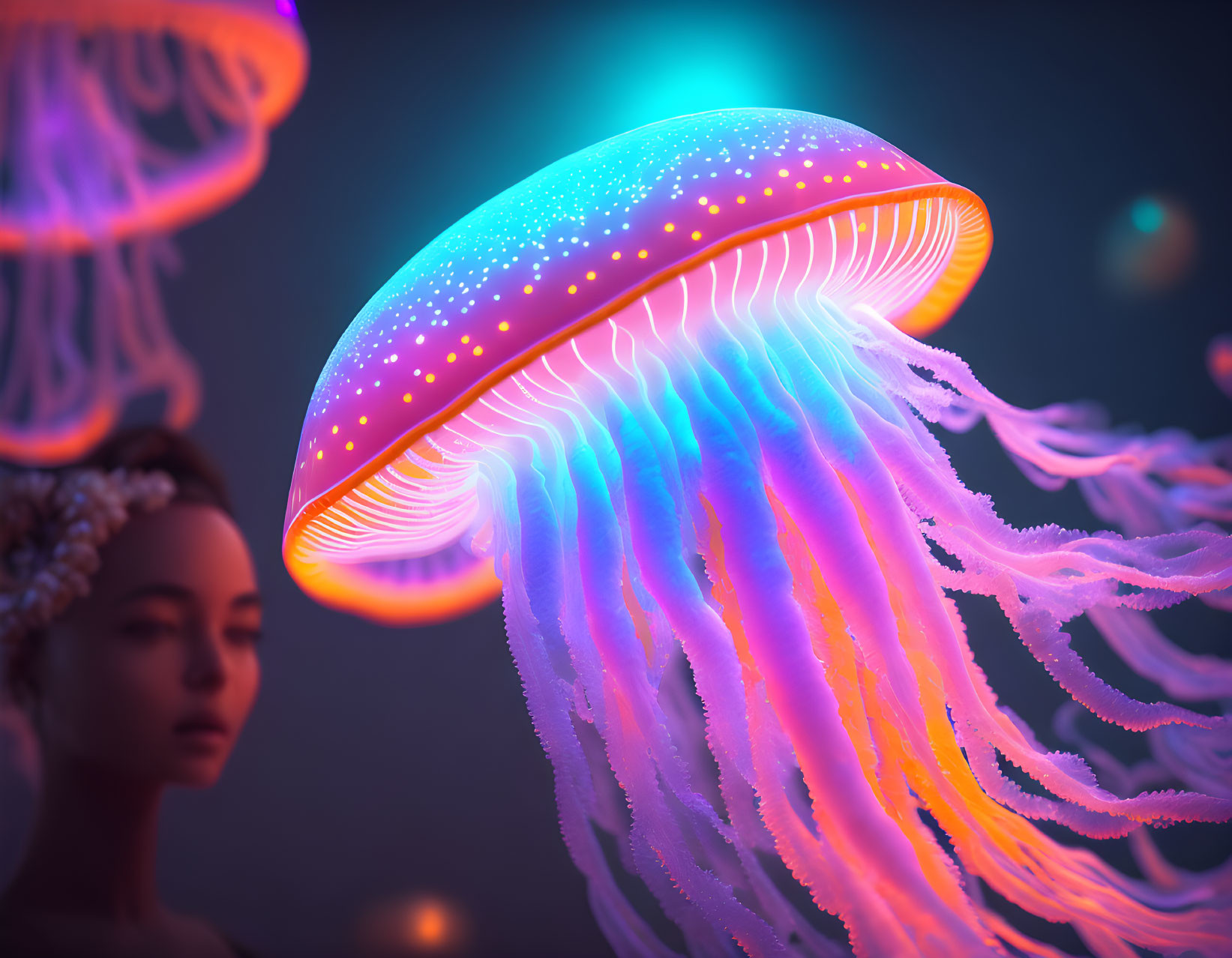 Vibrant surreal art: Woman mesmerized by luminescent jellyfish