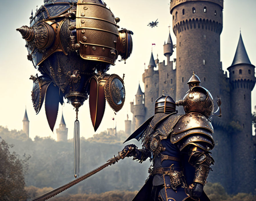 Knight in Full Armor Beside Steampunk Airship and Castle