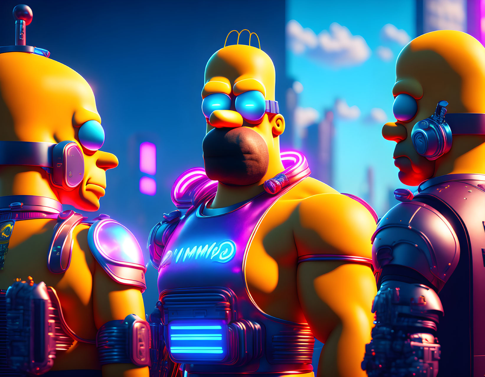 Muscular animated characters in high-tech suits with blue glowing elements amid neon cityscape.