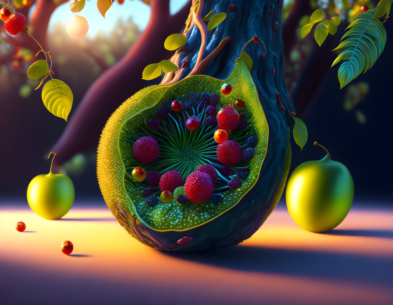 Colorful surreal tree with oversized sliced fruit and vibrant inner landscape