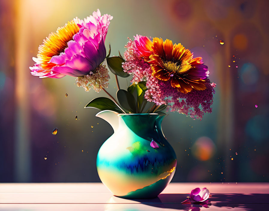 Colorful bouquet in multicolored vase on table with bokeh background.