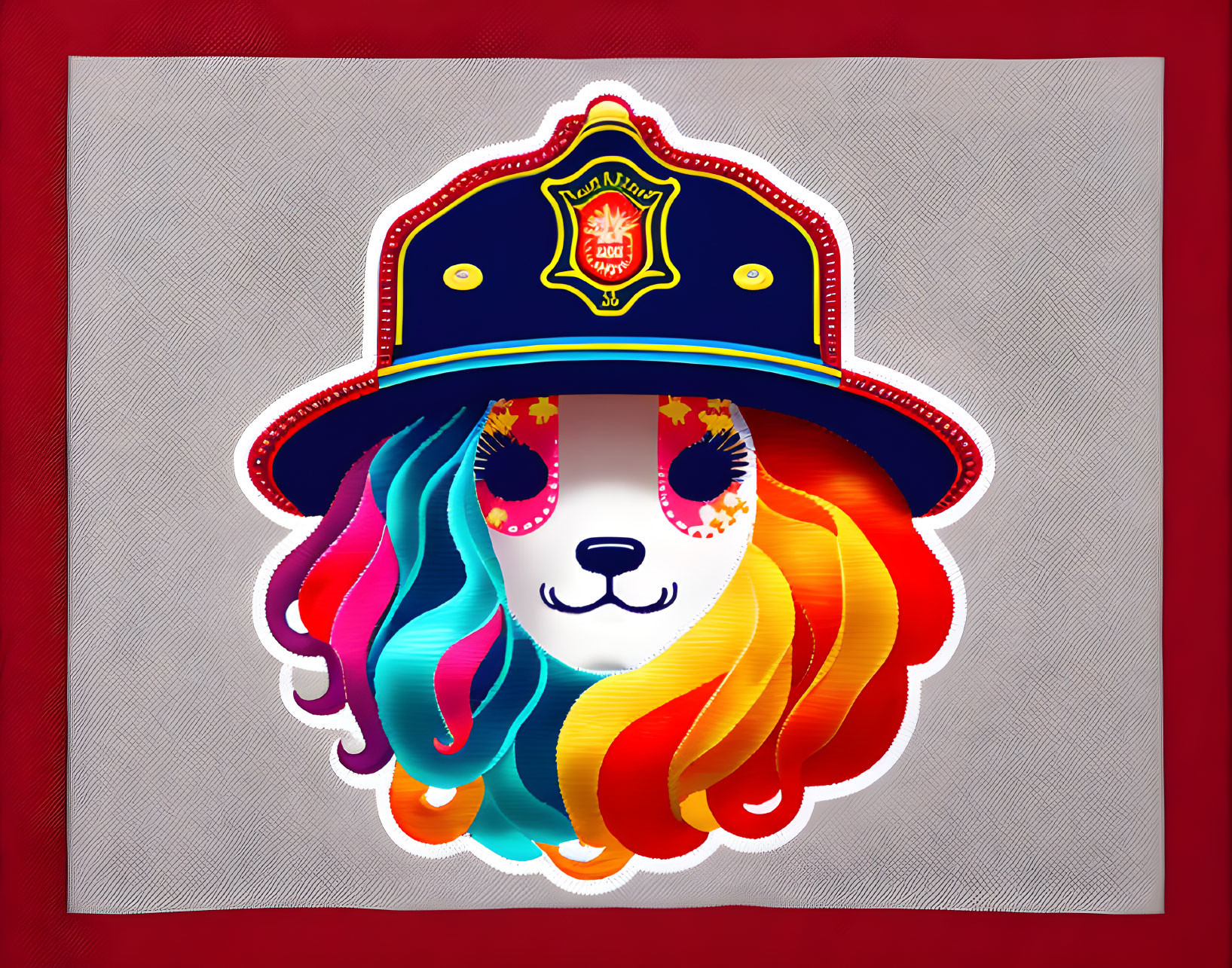 Colorful Mane Lion Illustration in Firefighter Helmet on Red Background