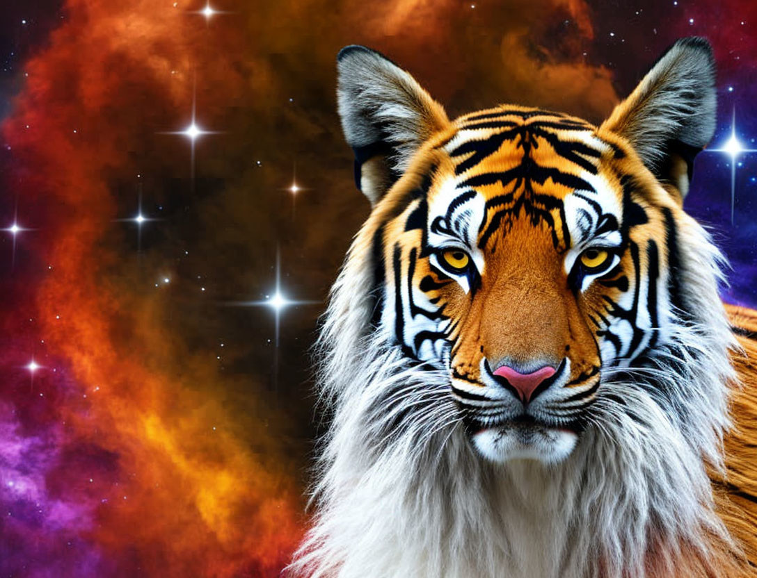 Majestic tiger face on vibrant cosmic background