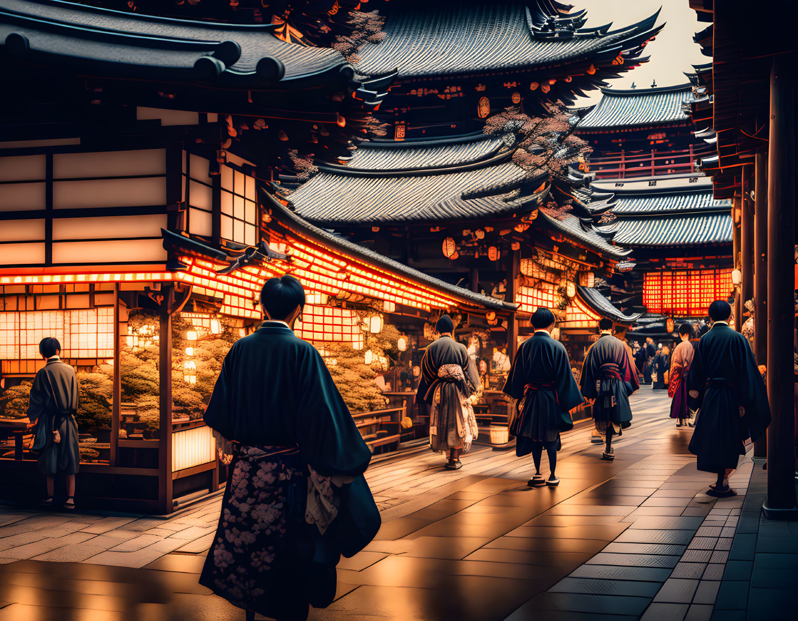 Japanese Street Scene: Kimono-Clad Figures, Illuminated Shops, Temple Roofs at D