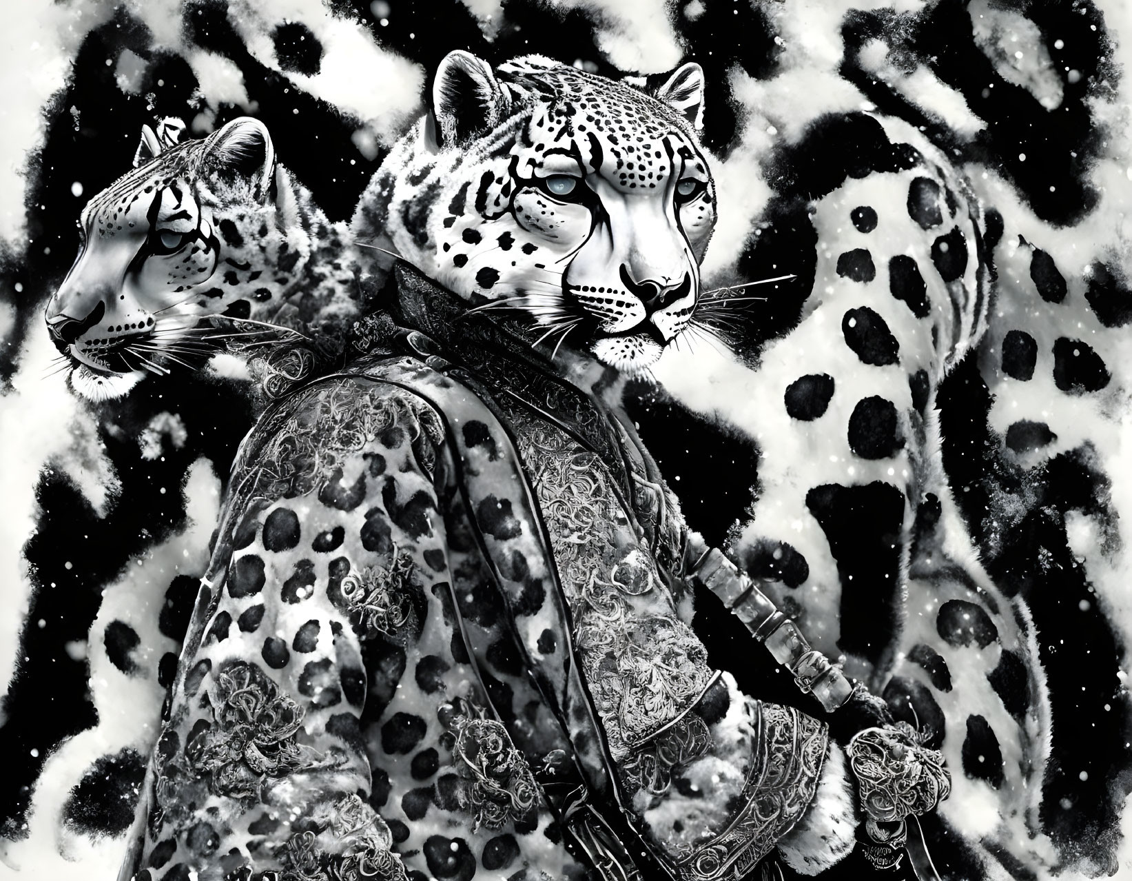 Monochromatic artwork: Human figure with leopard features in snowflake setting