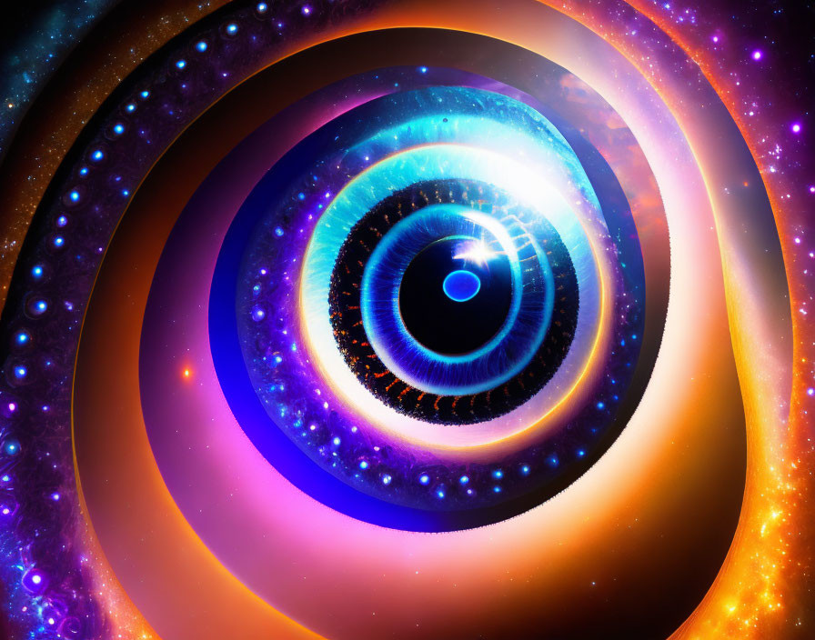 Colorful digital artwork: eye-like galaxy with swirling blue, orange, and purple hues in cosmic scene