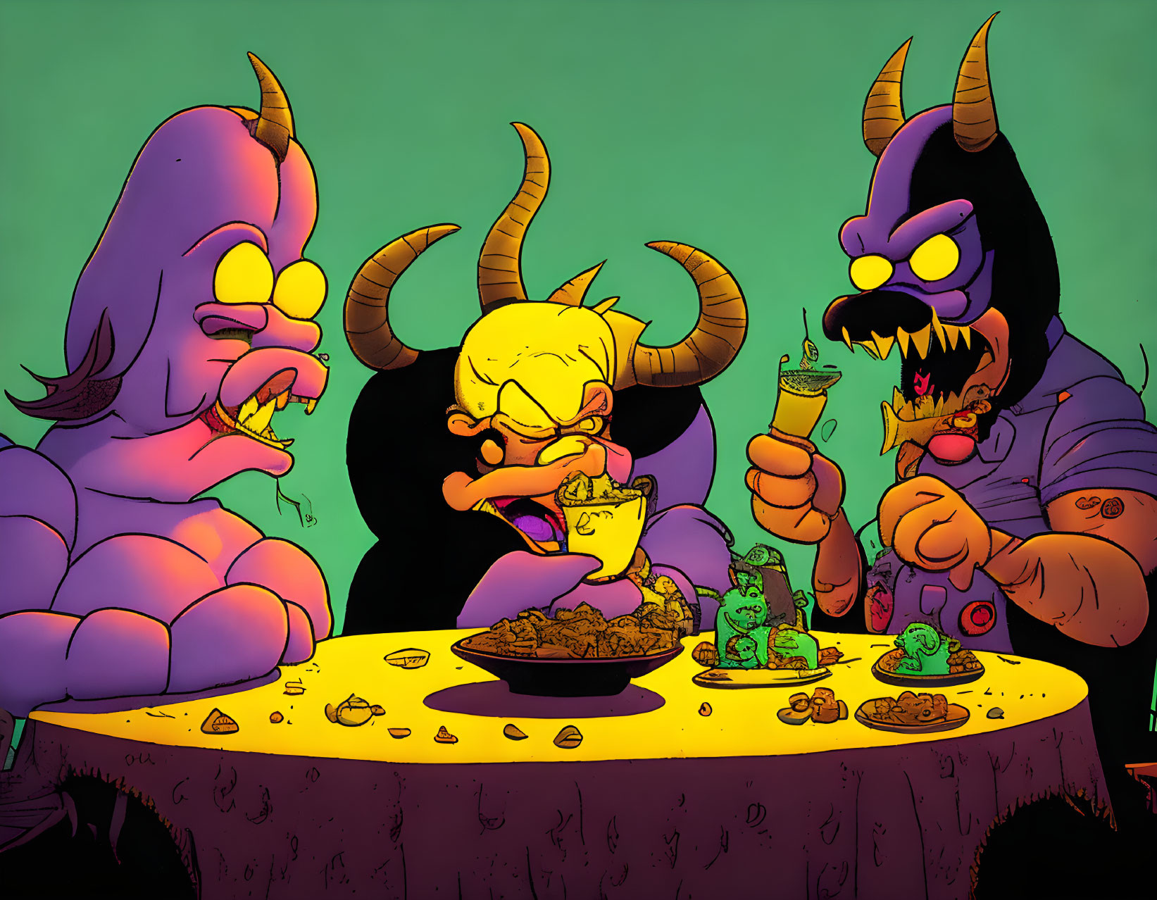 Cartoon monsters having a meal together in lively scene