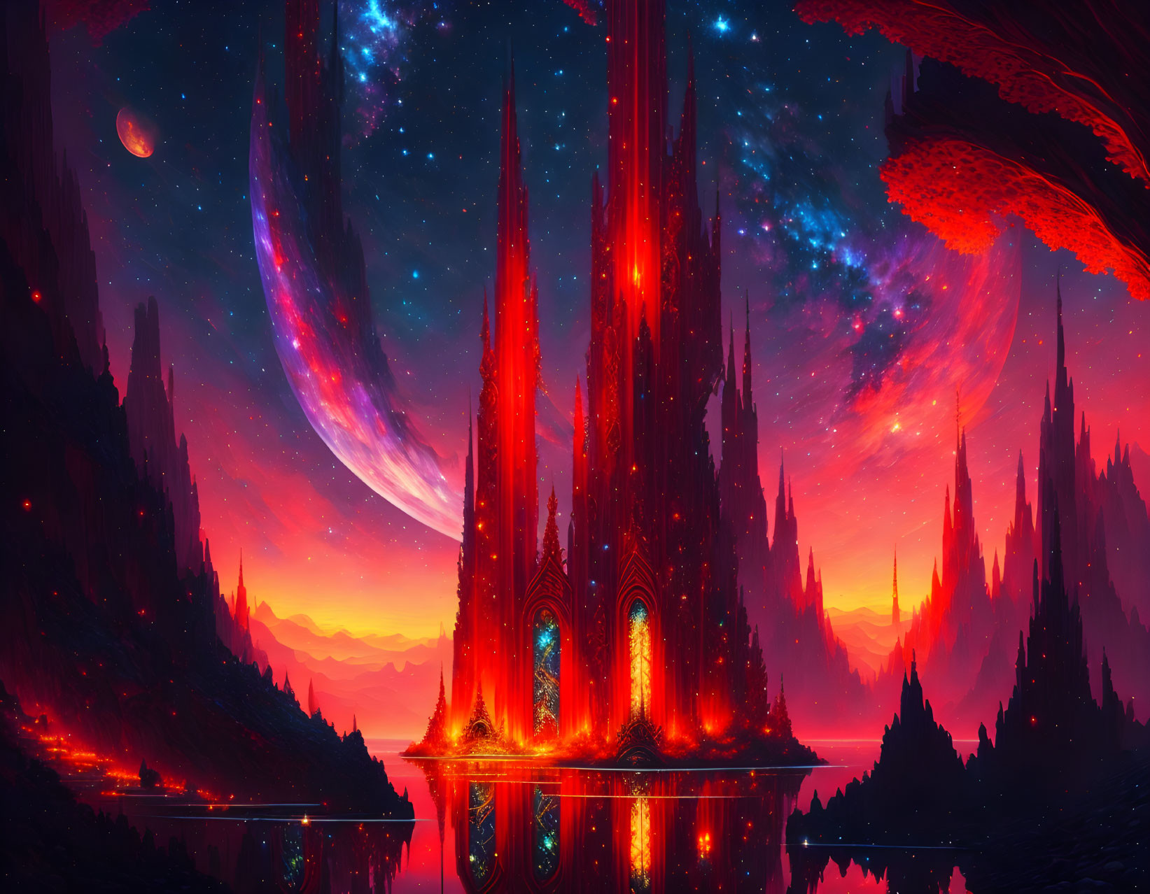 Sci-fi landscape with red spires, starry sky, and celestial reflections