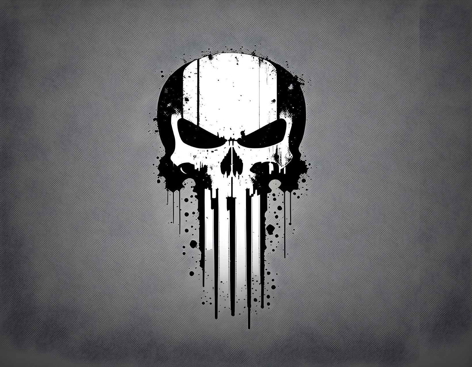 Monochrome skull graphic with elongated drips on textured grey backdrop