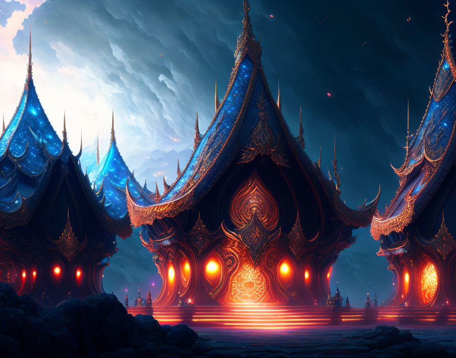 Fantasy temples with intricate designs under a night sky reflected on glossy surface