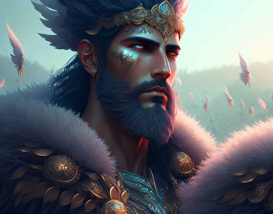 Bearded man in crown and fur mantle surrounded by mystical feathers